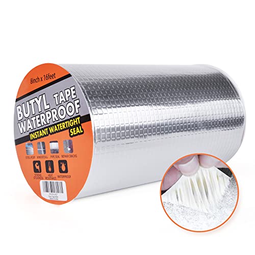 TAPEBEAR Butyl Tape Waterproof Sealing Tape Aluminum Foil Tape, for RV Repair, Window, Silicone, Glass & EDPM Roof Leak Patching, Boat and Pipe Sealing, Silver, 8inch x16feet - size: 200mm x 5m