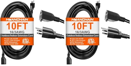 HUANCHAIN 10 FT 16 Gauge Black Indoor Outdoor Extension Cord Waterproof, Flexible Cold Weather 3 Prong Electric Cord Outside, 13A 1625W 125V 16AWG SJTW, ETL Listed (Pack of 2) - color: Black, size: 10FT (Pack of 2), style: 16/3 Extension Cord