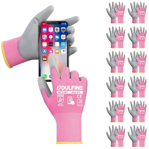 DULFINE Work Gloves for Men PU Coated 12 Pairs Bulk Pack,Pink Seamless Knit Glove with thin Polyurethane,Two Finger Touchscreen, for Men and Women, Ideal for Light Duty Work. (X-Small) - color: Pink, size: X-Small