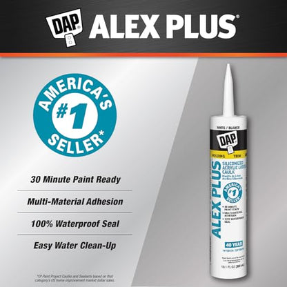 DAP Alex Plus Acrylic Latex Caulk, White, 10.1 Oz (7079818152) - size: 10.1 Oz