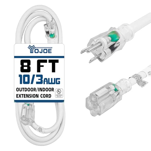 YOJOE Indoor Outdoor Extension Cord with Lighted End, 3 Prong 15A Weatherproof Power Cord, 10 Gauge Heavy Duty 8 ft White Extension Cord for Garage, Garden and Home, 10/3 SJTW UL Listed - color: White, size: 8 Foot