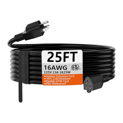 HUANCHAIN 25 FT 16 Gauge Black Indoor Outdoor Extension Cord Waterproof, Flexible Cold Weather 3 Prong Electric Cord Outside, 13A 1625W 125V 16AWG SJTW, ETL Listed - color: Black, size: 25ft, style: 16/3 Extension Cord