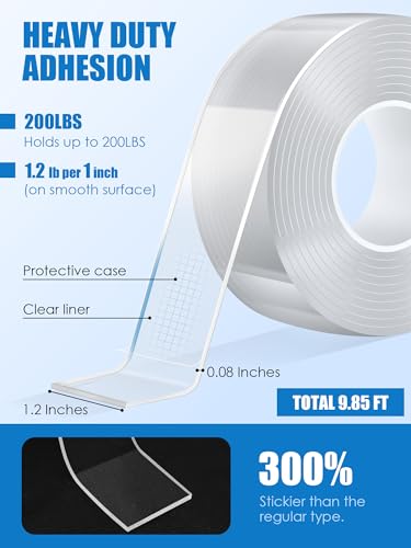 Double Sided Tape Heavy Duty, Transparent Magic Nano Tape, Multipurpose Removable Adhesive Grip Mounting Tape Washable for Carpet, Wall Decor, Hanging Picture, DIY Projects - size: 9.85 FT*1.18 IN