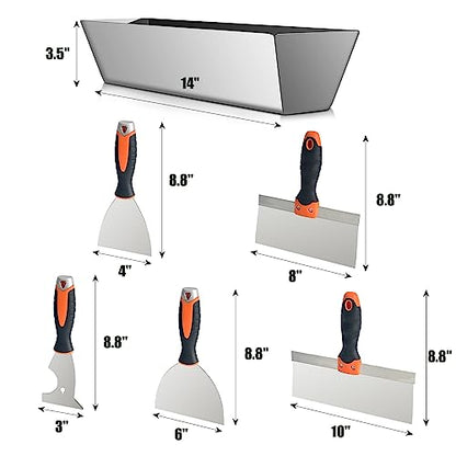 Drywall Hand Tool Kit, 5Pcs Stainless Steel Putty Knife Scrapers Taping Knife with Mud Pan for Drywall Repairing, Paint Scraping and Wallpaper Removing (6pcs) - color: 6pcs