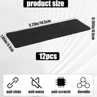 12 Pcs Non Slip Furniture Pads,Self Adhesive Rectangle Non Skid Furniture Grippers for Hardwood Floors Couch Stoppers to Prevent Sliding for Recliners Sofa Chairs(Black,5.7×1.8 in)