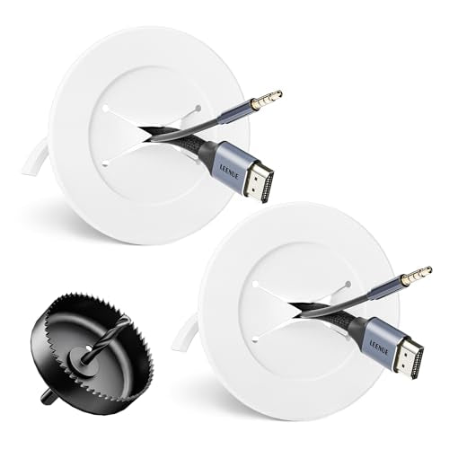 in Wall Cable Management Kit, Slim TV Wire Hider Kit for Wall Mounted TV, 2 Pcs Pass Through with Hole Saw for Network, HDMI, Speaker Cables, Coaxial, White