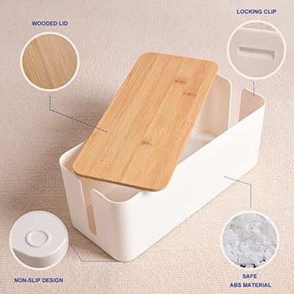 Cable Management Box - Wooden Style Cord Organizer Box to Hide Wires & Power Strips | Desk Computer Cable Organizer Box | Safe ABS Material | 12.6" (L) x 5.3" (W) 4.9" (H) | for Home & Office - White - size: Medium