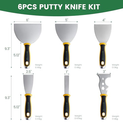 VOOMEY Putty Knife Set, Drywall Knife,6PCS 420 Stainless Steel Paint Scraper Tools, Metal Scraper, Used for Renovating Old Walls, Applying Putty, Removing Wallpaper, Etc