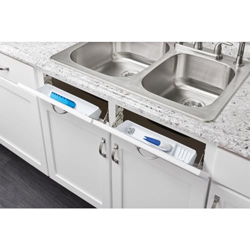 Rev-A-Shelf 11" Tip-Out Plastic Sink Trays for Kitchen and Bathroom Base Cabinet, Pack of 2 Pullout Vanity Shelf Home Organizer, White, 6572-11-11-52