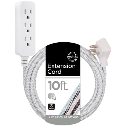 Cordinate 3 Outlet Power Strip Surge Protector Indoor Extension Cord 16 Gauge 10 Ft 3 Prong Braided Extension Cords Flat Extension Cord ETL Listed White 37914 - color: White, size: 10 Ft