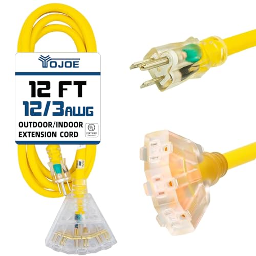 YOJOE 3-Outlets Indoor Outdoor Extension Cord with Lighted End, 3 Prong 15A Weatherproof Power Cord, 12 Gauge Heavy Duty 12 ft Yellow Extension Cord Multiple Outlets, 12/3 SJTW UL Listed - color: Yellow, size: 12 Foot