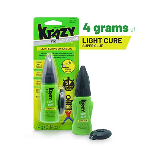 Krazy Fix Light Cure Super Glue with Fast Curing LED Light, 5 Second Bond, Repair Glue for Eyeglass Frames, Phone Cables, Costume Design and More, 0.14 oz