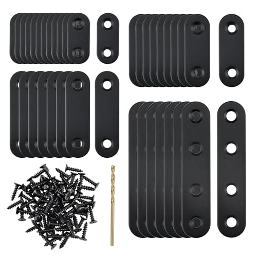 38Pcs Black Straight Flat Metal Bracket, Stainless Steel Mending Plates with 92 Screws & Drill Bit, 36mm/46mm/56mm/76mm, Heavy-Duty Brace for Wood Furniture, Chair