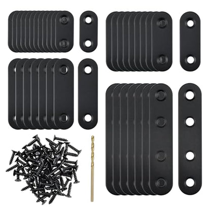 38Pcs Black Straight Flat Metal Bracket, Stainless Steel Mending Plates with 92 Screws & Drill Bit, 36mm/46mm/56mm/76mm, Heavy-Duty Brace for Wood Furniture, Chair