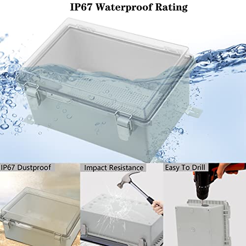 Zulkit Junction Box IP67 Waterproof Electrical Box Hinged Clear Cover Stainless Steel Latch Plastic Enclosure for Project w Mounting Plate Wall Bracket and 2 Cable Gland 13.8"x9.8"x5.9"/350x250x150mm - color: Clear Cover, size: 13.8"x9.8"x5.9"