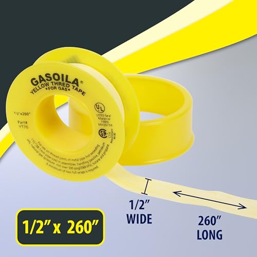 Gasoila Yellow PTFE Thread Seal Tape – Professional-Grade, 1/2 Inch x 260 Inch, High-Density Thread Tape for Gas Lines– Leak-Proof Seal, Non-Toxic - size: 1/2 Inch x 260 Inch Roll- 1 Pack