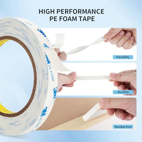 3M 1600T Double Sided Tape, PE Foam Tape 0.39" x 18 Ft White Removable Strong Adhesive No Residue for RV Picture Hanging, Posters Frames Wall Decor Indoor & Outdoor Use - size: 0.39" x 18Ft