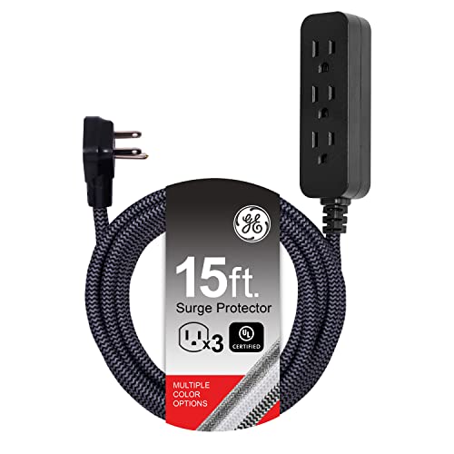 GE 3-Outlet Power Strip Surge Protector 15 Ft Braided Long Cord Extension Cord Surge Protector Power Strip Flat Plug Extension Cord 250 Joules ETL Listed Black 44237 - color: Black, size: 15 ft | 1 Pack