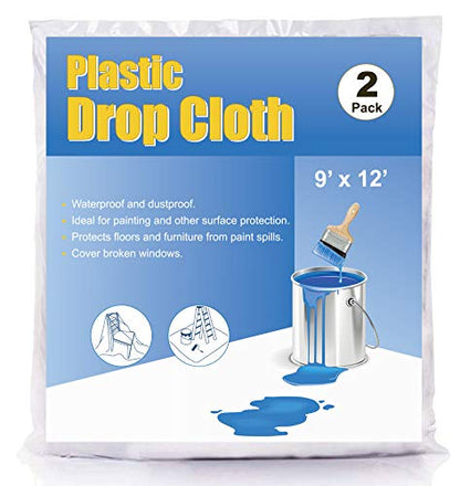 Plastic Drop Cloth for Painting and Surface Protection, Plastic Tarp Plastic Sheeting for Furniture, Wall Painting, Patio, 2 Mil Thick, 2 Pack, 9-Feet by 12-Feet