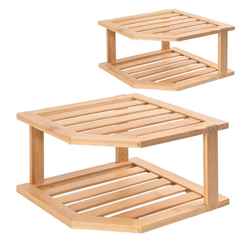 VERTORGAN Bamboo Corner Shelf(2 Pack),2 Tier Plate Organizer for Cabinet and Countertop,Pantry Dish and Spice Rack for Kitchen - color: Natural, size: 2 Pc