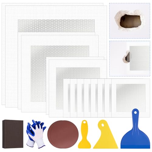 DIYSELF Drywall Patch, 21 PCS Drywall Repair Kit with 2×10", 2×8", 2×6", 8×4" Self-Adhesive Mesh Patches, Putty Scraper, Sanding Pads & Sponge, Dry Wall Patch Kit for Bathroom, Nail Holes, Outlets - size: 21 Pack