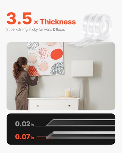 VEVOR Double Sided Tape Heavy Duty, 16 ft Nano Mounting Tape(3 Pack), Strong Adhesive & Reusable, Clear Two Sided Wall Tape, Removable Poster Picture Hanging Strips for Home Office Car Outdoor Use - style: 3 Packs