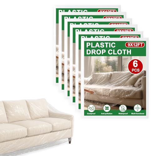 6-Pack 9x12 ft Painter Plastic Drop Cloths Sheet,Waterproof Anti-dust Cover, Disposable Tarp for Painting for Couch/Furniture Cover - size: 6pack