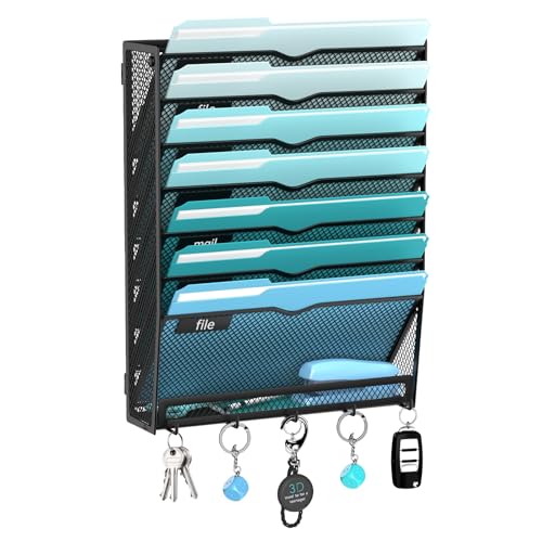 8-Tier Hanging Wall File Organizer with 5 Hooks, Mesh Wall File Holder Vertical Mount Mail Organizer for Papers, Folders, Magazines, Bills, Office and School, Black - size: 8 Tier-Black