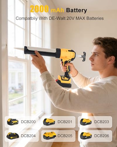 Cordless Caulking Gun, Electric Caulk Gun w/2.0Ah Battery, Compatible with De-Walt 20V Max Battery, 10oz Battery Powered Caulk Gun, 12Pcs Silicone Caulking Tools, 6 Speed for Filling, Sealing, Repair