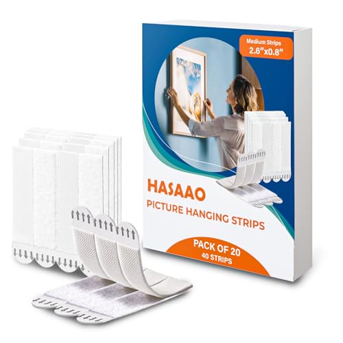 HASAAO Picture Hanging Strips, Medium 40 Strips (20 Pairs), Damage Free Wall Hangers for Frames and Posters, Heavy Duty Removable Adhesive Hook and Loop Tape, No Nails Needed, White - style: Medium 20 Pairs