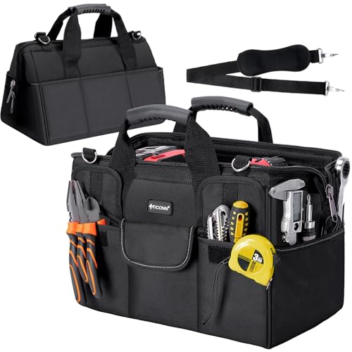TICONN Heavy Duty Tool Bag with Multi-Pockets, Portable Tool Box Organizer Storage Bag, with Adjustable Shoulder Strap and Ergonomic Handle (Black, 16" Standard Base) - color: Black, size: 16" Standard Base