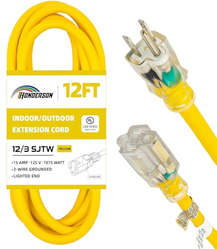 Indoor Outdoor Extension Cord Weatherproof with Lighted End, UL Certified, 12 Gauge 12FT Yellow 3 Prong Heavy Duty, 12/3 SJTW 15A Power Cord for Outdoor Lights, Lawn - size: 12FT, style: 12/3