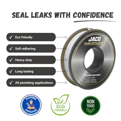 JACO ThreadPro High-Density Thread Seal Tape - 1/2" x 125 ft. (Mega Roll) | Professional PTFE Pipe Sealant | Plumbers Tape (2-Pack) - size: 1/2" x 125 ft (2-Pack)