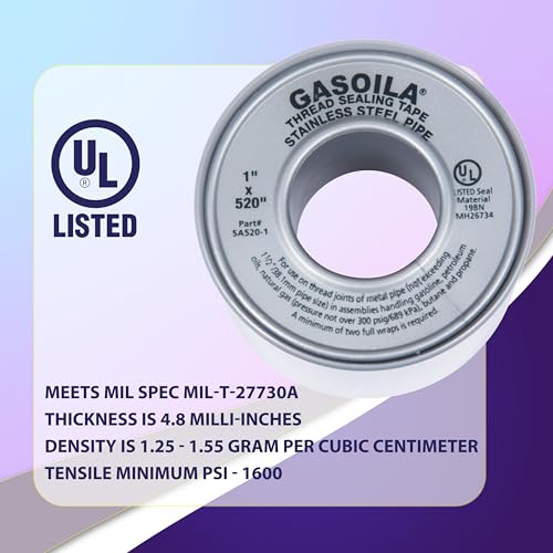 Gasoila Nickel PTFE Thread Seal Tape – Professional-Grade, 1 Inch x 520 Inch, High-Density Thread Tape for Stainless Steel Pipes– Leak-Proof Seal, Non-Toxic - size: 1 Inch x 520 Inch Roll- 1 Pack