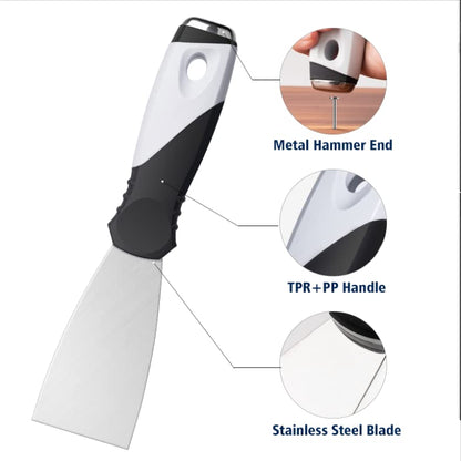 Mister Rui 2 Pack Putty Knife Set, 10 in 1 Paint Scraper Tool with 2 Inch Stainless Steel Painters Tool, Paint Scraper for Painting & Wood, Metal Scraper - color: 2" and 10 in 1 Putty Knife