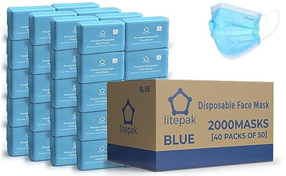 2,000pcs Disposable Face Masks- 3 Ply Breathable Mask For Adults - Blue (40 Packs of 50) - color: Blue