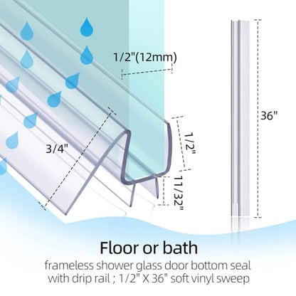 POZIA Shower Door Bottom Seal Frameless Glass Shower Door Seal Strip Clear Vinyl Durable Stop Shower Leaks and Create a Water Barrier Ultra Clear (2PACK-1/2in) - style: 2PACK-1/2in