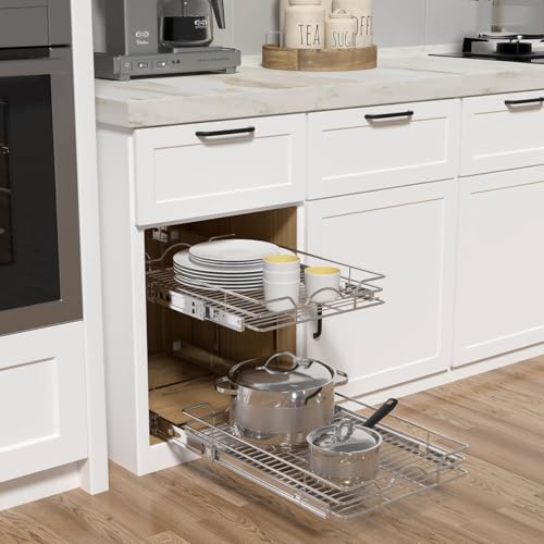 OCG 2 Tier Pull Out Cabinet Organizer (15.5" W x 21" D), Pull Out Drawers for Kitchen Cabinets, Pull Out Shelves for Base Cabinet Organization in Kitchen Bathroom Pantry, Chrome Finish - size: 15.5"w X 21"d, 2 Tier