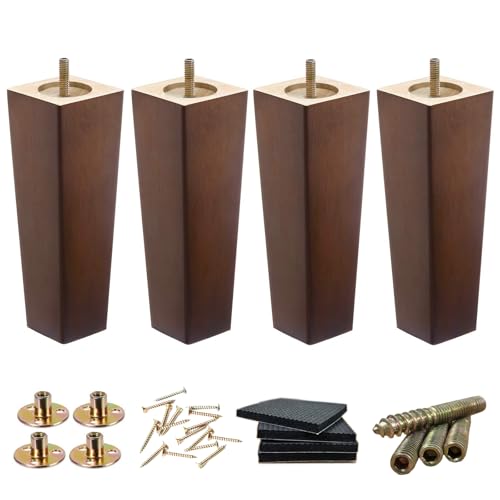 SHANJUE 8 Inch Wood Furniture Legs Set of 4, Square Rubberwood Replacement Sofa Legs with 5/16" & M8 Bolts for US Sectionals and European Beds, Heavy Duty Brown Couch Feet - size: 8 inches
