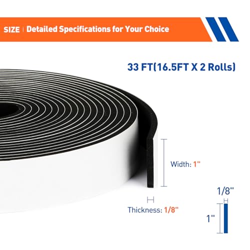 MAGZO Weather Stripping Door Seal, 1 Inch Wide X 1/8 Inch Thick Adhesive Foam Tape Soundproof Weatherstripping for Windows, 2 Rolls Total 33FT Black - size: 1in * 1/8in * 33FT