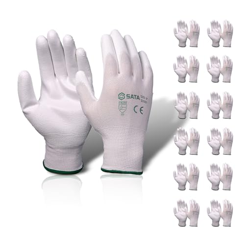 SATA 12 Pair 13-Gauge PU Palm Dipped Gloves, PU Coated Safety Work Gloves, Seamless Knit Glove for Men and Women - color: White, size: 8size