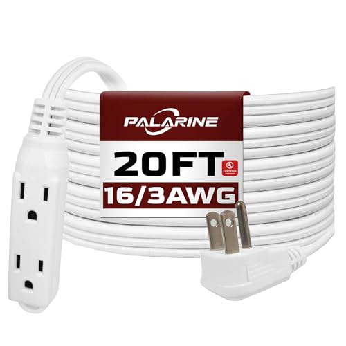 Flat Plug Extension Cord with 3 Outlets Extender, Indoor Extension Cord Flat Plug Power Strip 16 Gauge 20FT White 3 Prong, 16/3 SPT-3 13A, UL Listed - color: White, size: 20 FT