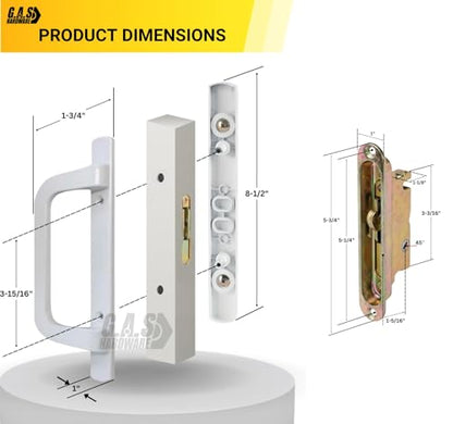 8.5" White PGT Sliding Glass Patio Door Complete Handle Set Replacement Repair Kit Set | Mortise Lock, Keepers, Screws, Thumb Latch Lever, Locking Mechanism | 45 Degrees + 3-15/16" Hole Spacing - color: White