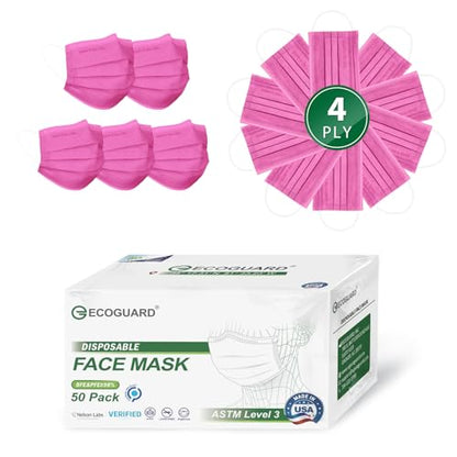 Disposable Face Masks Made in USA, 4 Ply for Families, Students, Breathable All-Day Wear & Safety, FSA HSA Eligible, ASTM Level 3 Medical Grade, 50 Pack, Rose Red - color: Rose Red, size: 50 Pack, style: Resealable Bag