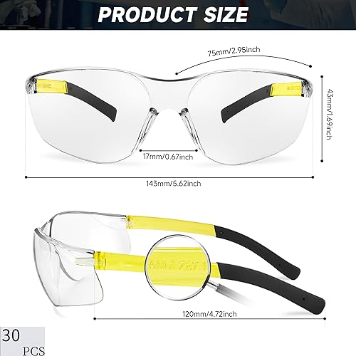 Salfboy Safety Glasses for Men Women ANSI Z87.1 Safety Glasses Bulk Protective Eyewear Scratch-Resistant - color: 30pcs-118-yellow Leg