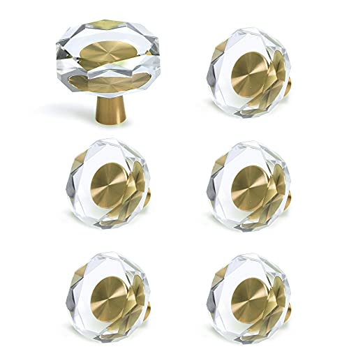 6 Pack Glass Crystal Knobs Brass Drawer Pull Cabinet Handle Gold Furniture Hardware for Dresser Kitchen (Polygon) - color: Gold_Polygon, size: 6Pack-1.2"x1.2"