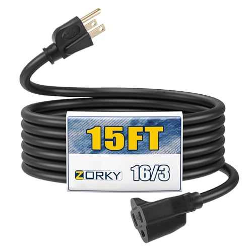 15ft Outdoor Extension Cord - 16/3 Heavy Duty SJTW Waterproof Black Electrical Cable with 3 Prong Grounded Plug for Safety, Great for Lawn and Major Appliances - color: Black, size: 15ft