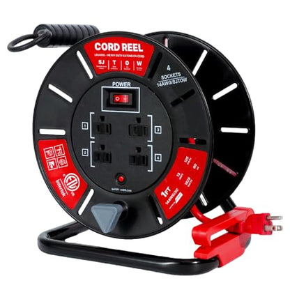 1ft Cord Reel, Retractable Extension Lead with Winding Handle, Safety Overload Circuit Breaker and Power Switch, 4x Grounded Outlets, 13amps, 14AWG Cable