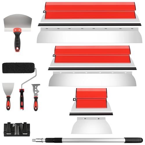 DEKEones Drywall Skimming Tools Set with 10”24”32” Skimming Blades, a Paint Roller, a Extension Pole and 3 Kinds of Putty Knife Tools for Smoothing Wall and Ceiling
