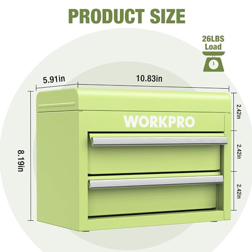 WORKPRO Mini Metal Tool Box with 2 Drawers and Top Storage, Small Tool Chest with PVC Liners and PP Feet Pads, Cold Rolled Steel Toolbox with Magnetic Tab - color: Macaron Green